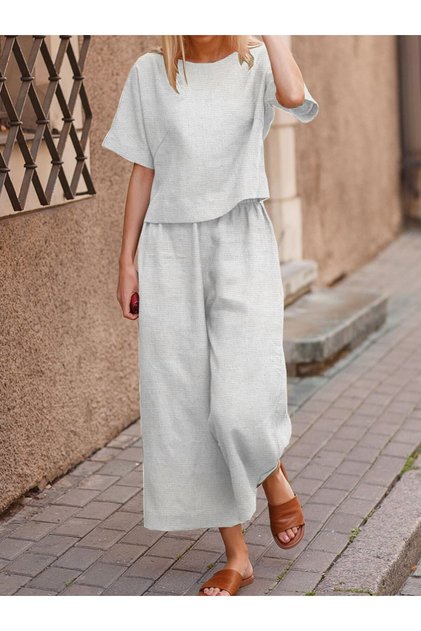 Set de damă ecru din două piese, bluză lejeră și pantaloni largi
