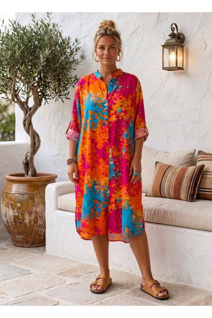 Orange-Blue Hakim Collar Long Sleeve Patterned Buttoned Casual Viscose Woven Dress with Hidden Pockets 118 67