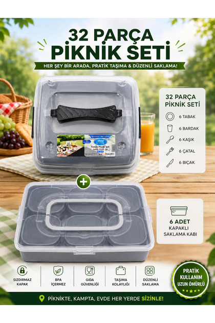 Koseva 32 Parça Piknik Seti & 6'lı Taşıma Çantalı Saklama Kabı