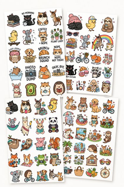 Cute Animal Sticker Set 4 Sheets, Cute Animals Agenda, Notebook, Journal Decorative Stickers, Crazy Cute Friends Sticker Set 4 Sheets – Cute Animal Labels, Journal Planner Notebook Laptop Sticker