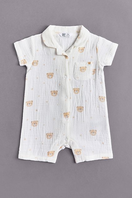 Printed Rompers with Revere Collar and Short Sleeves