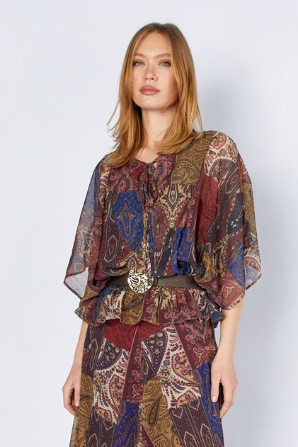 Burgundy Bohemian Collar Lace-Up Women's Blouse | Ek1001710750