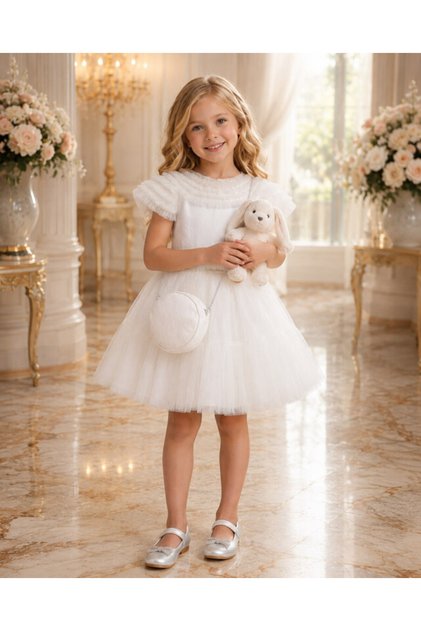Girl's Evening Dress Ruffle Collar Layered Tulle Gown and Round Bag Set - Birthday, Party, Wedding, Graduation (2, 3, 4, 5, 6 Years) 33325Pr