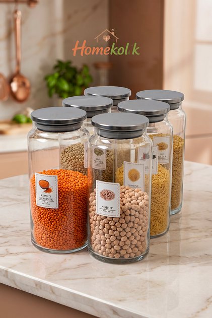 6-Piece Set of Glass Jars with Metal Lids and Labels, Vacuum Lids, 1300 ml Legume Jar, Food Storage Jar