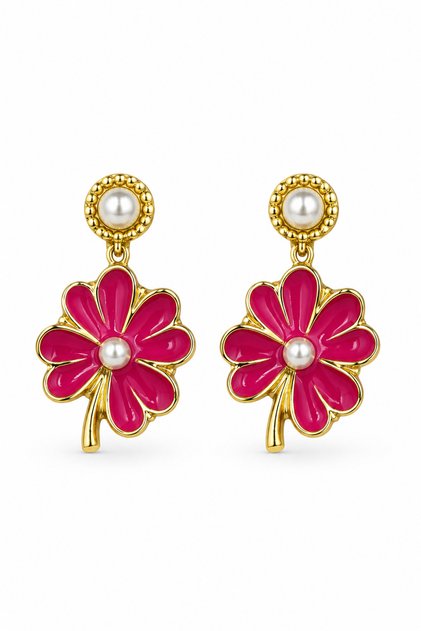 Steel Pink Enamel Flower and Pearl Detailed Dangle Women's Earrings
