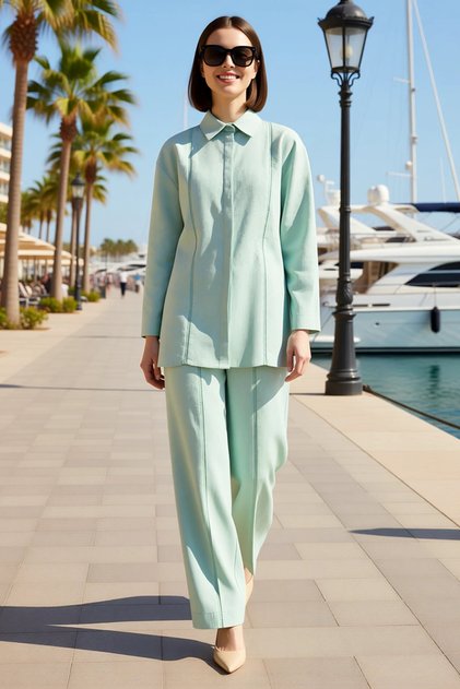 Women's Plus Size Oversize Linen Blend Shirt Pants Set Long Sleeve Standard Collar Relaxed Fit