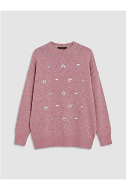 New Season Pink Crew Neck Floral Embroidered Women's Knitwear Tunic