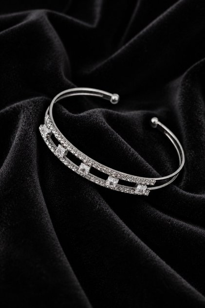 Silver Baguette Zircon Stone Women's Cuff Bracelet