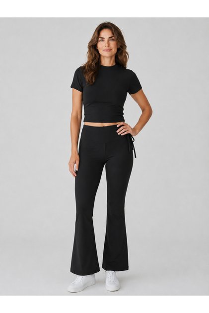 Women's Spanish Flare Leggings Set Short Sleeve Crop Blouse Stretchy 2 Piece Set