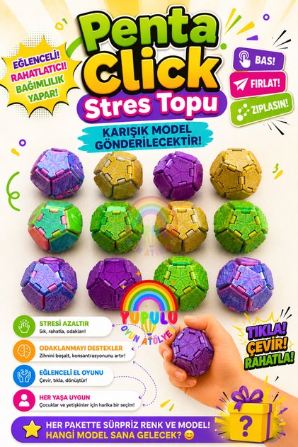 Zıplayan Stres Topu Penta Click Stres Topu – 3D Baskı Mekanik Fidget Oyuncak Lastik Mekanizmalı Bas At Zıplat
