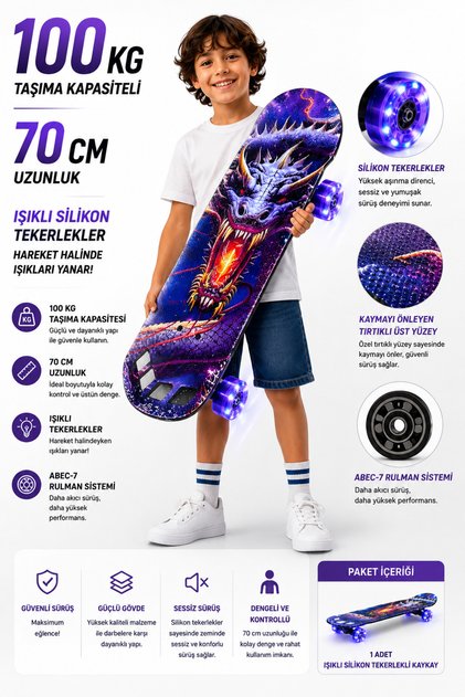 Erzi Kırmızı Desenli Işıklı Silikon Tekerlekli Kaykay – 70 CM