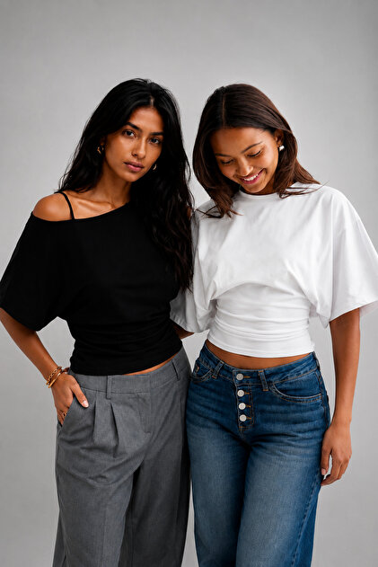 Qlay Women's 1 Boat Neck 1 Cyclone Neck Fitted Waist Wide Sleeve Natural Viscose Blouse - Soft Textured Stylish Summer Crew Neck