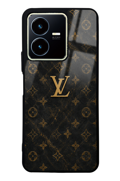 Vivo Y22S Black Marble Gold Lv Design Glossy Phone Case