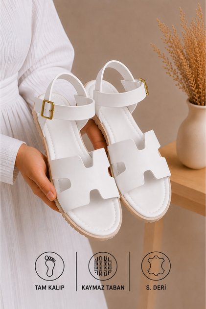 Sandale de damă din piele albă Sandale casual cu cataramă