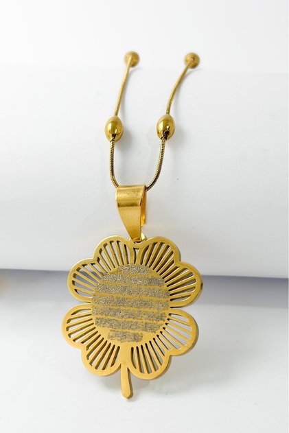 Gold Color Ayetel Kürsi & Ottoman Emblem Clover Design Dorika Stainless Steel Necklace