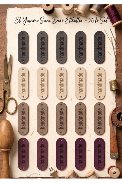 Leather Handmade Tag Sewable 20 Pieces 4 Different Colors 5 cm Bag Accessory, Amigurumi, Decoration Tag for Bags and Handmade Products