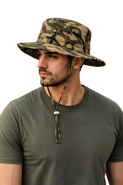 Camouflage Safari Hat Outdoor Fishing Hat Wide Brim Adjustable Drawstring Unisex