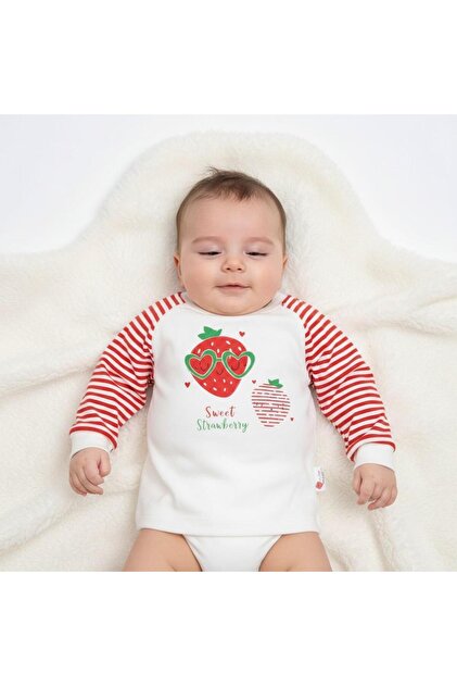 ÇİLEK Kokulu Renglan Kol % 100 PAMUK 0-9 Ay Sweatshirt - Ekru