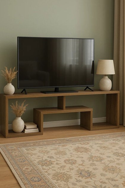 Luxury Wooden TV Table – Natural Oak Finish Geometric Media Console Stand