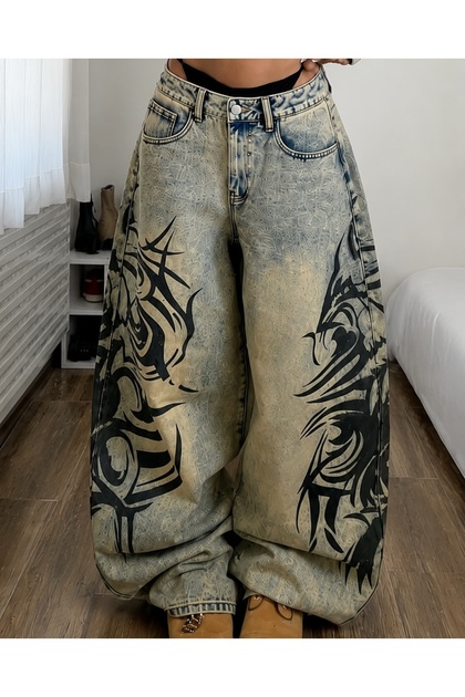 Köstebek Siyah Taşlamalı Fish Skeleton Gotik Y2K Unisex Baggy