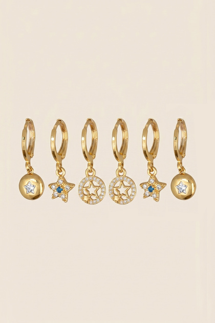 Gold Color Steel Blue Stone Star Figured Dangle Earrings Set of 6
