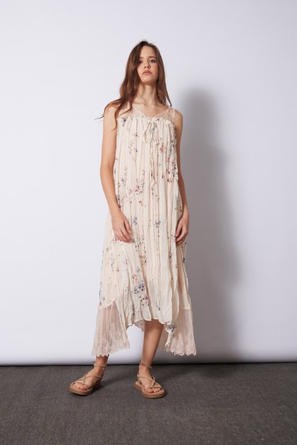 Lace Combined Flower-Patterned Dress Ecru