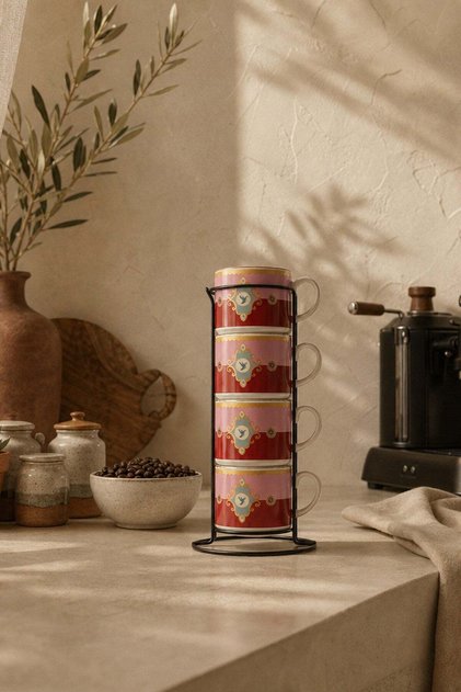 PERVA Metal Standlı 4'lü Porselen Kupa Seti Kuş Desenli Pembe