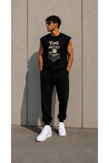 Time Is Money Print Detailed Zero Sleeve Crew Neck T-Shirt