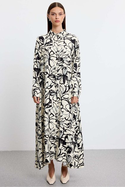 Line Flower Pattern Shirt Dress Black