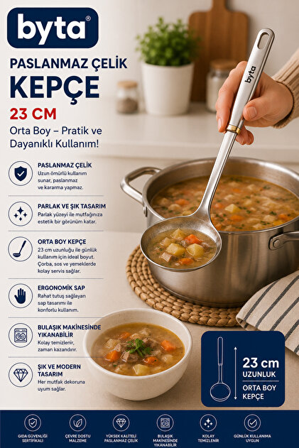 Paslanmaz Çelik Orta Boy Kepçe 23 cm – Çorba, Yemek ve Sos Servis Kepçesi