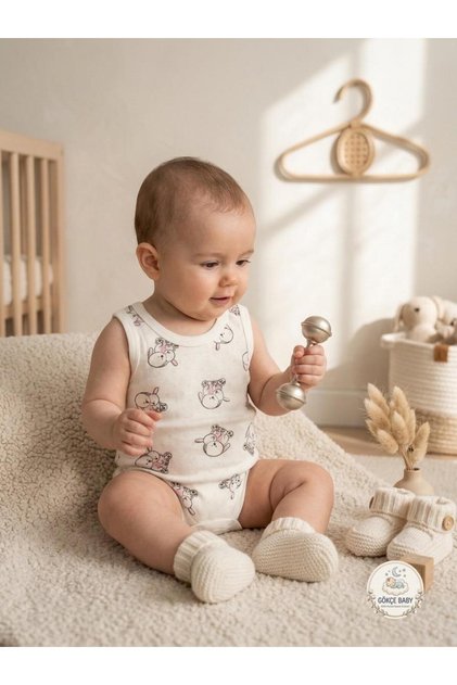 Unisex Baby White Rabbit Patterned 100% Cotton Openwork Strap Bodysuit / Bodysuit