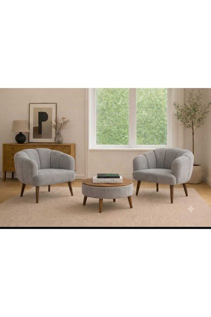 2 Koltuk Çay Seti & Tablalı Puf Hediyeli 3'lü Berjer Takımı Koltuk Seti Yaprak Model Set