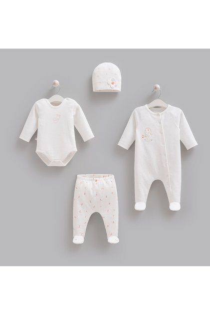 %100 Pamuk 4lü Tulumlu Rose Set Ekru