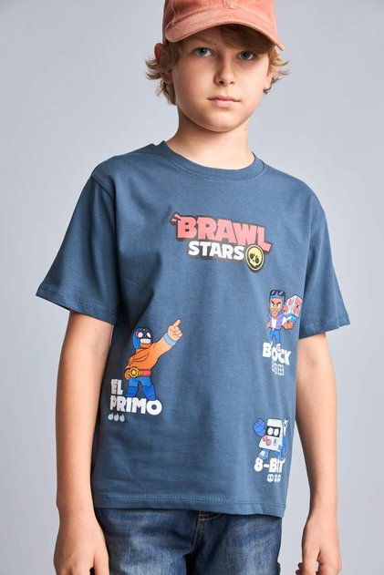 100% Cotton Brawl Stars Licensed New Regular Fit Crew Neck Short Sleeve Navy Blue T-Shirt for Boys