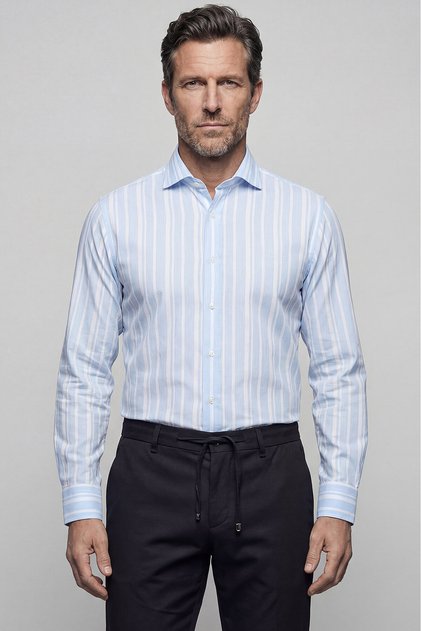 Blue Regular Fit Cotton Striped Bottomed Collared Summer Shirt
