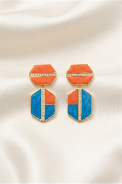 Orange and Blue Enamel Geometric Double Dangle Earrings