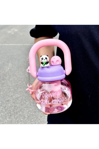 Cute Panda Figured Chubby Water Bottle, 2-in-1 Children's Water Bottle with Spout and Straw, Panda Water Bottle, Water Bottle with Internal Strainer 700 Ml. Bpa Free