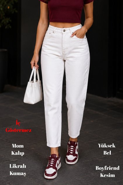 Mom Fit Jean Yüksek Bel Boyfriend Kesim Likralı Esnek Kadın Kot Pantolon C599-Beyaz