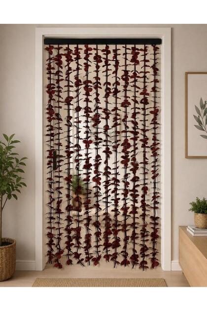 90x175cm Koyu Bordo Renkli Yapraklı Perde Kapı Süsü Kapı Perdesi 12 Sıralı Bambu Kapı Seperatörü