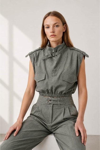 Keten Dik Yaka Cepli Crop Haki Bluz