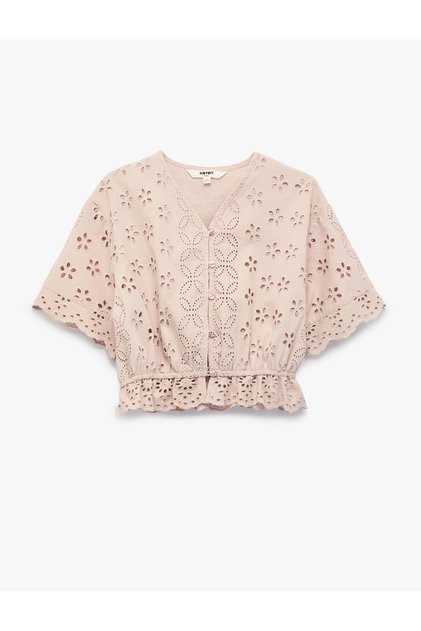 Embroidered V-Neck Short Sleeve Cotton Ruffle Lace Blouse