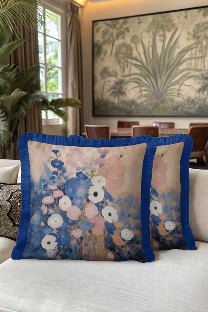 Flower Vintage Floral Fringe Pillowcase-Artistic Garden Beige Blue Navy Tassel Throw Pillow Cover