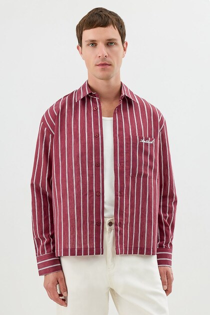 Bordo Keten Karışımlı Boxy Fit Erkek Gömlek
