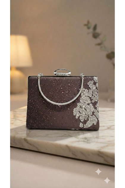 Sparkling Patterned Women's Evening Dress Bag with Silver Case – Brown Chain Strap 15X23 cm