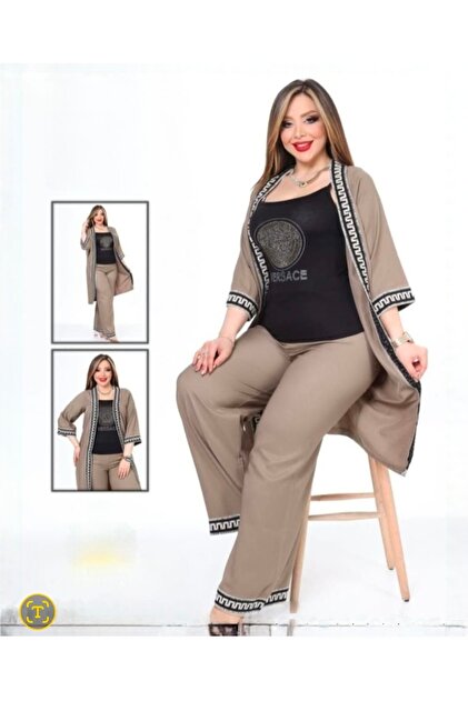 Greek Striped 3-Piece Large Size Home Set Kimono Pants Undershirt