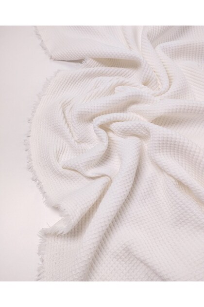 Ecru Gingham Patterned Knitted Fabric, Stretchy Cotton Fabric for Dresses & Cardigans, Width: 165cm