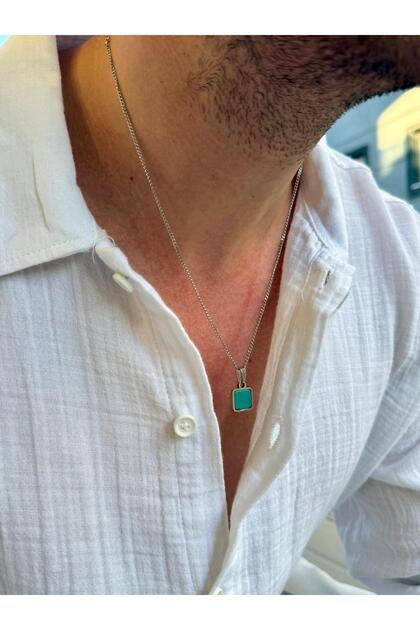 Holveth Men's Minimal Square Cut Green Chrysoprase Natural Stone Gourmet Chain Steel Necklace