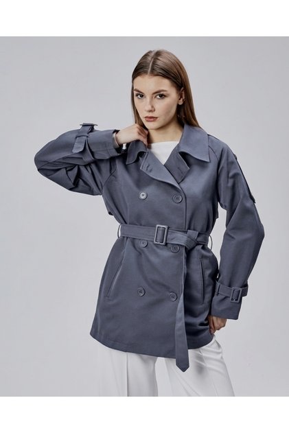 Gray Premium Regular Fit Epaulette Windbreaker Detailed Belted Lined Buttoned Women's Trench Coat