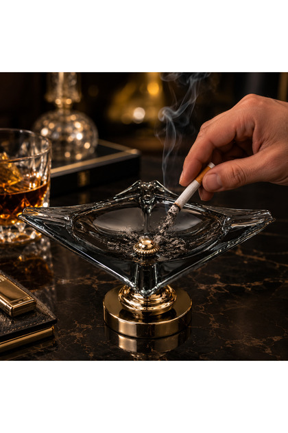 Metal Ayaklı Kare Tasarım Cam Küllük Gold Detaylı Lüks Masaüstü ve Sehpa Aksesuarı Hediyelik