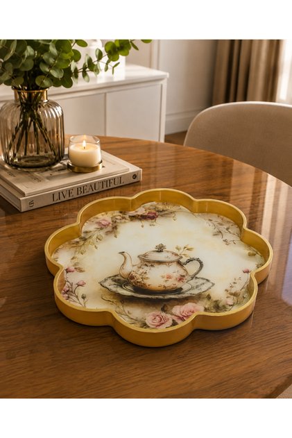 36 cm Decorative Glass Presentation Tray |   English Tea Decorative Gold Glass Tea and Coffee Serving Tray